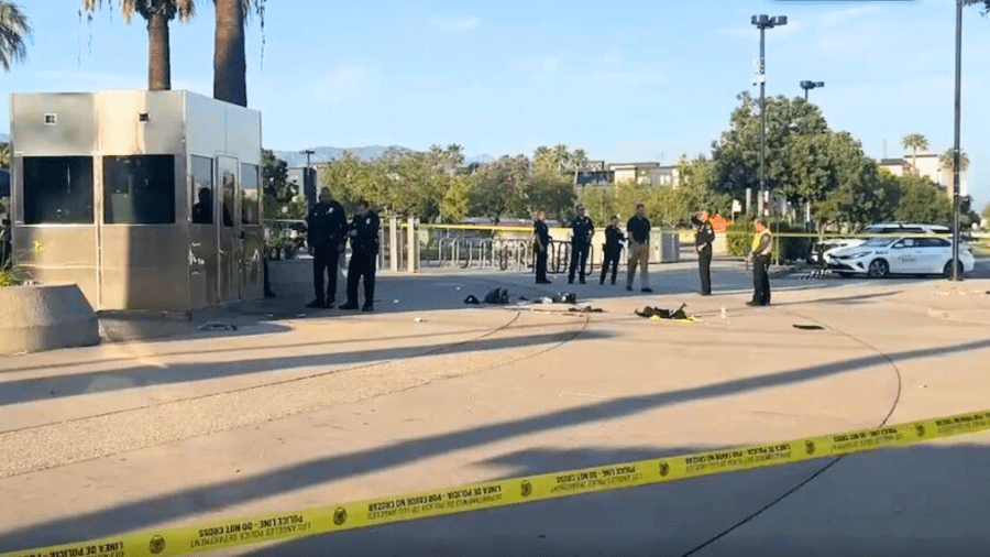 Three people were hospitalized after a violent stabbing and shooting outside a Metro station in North Hollywood on May 31, 2025. (KTLA)