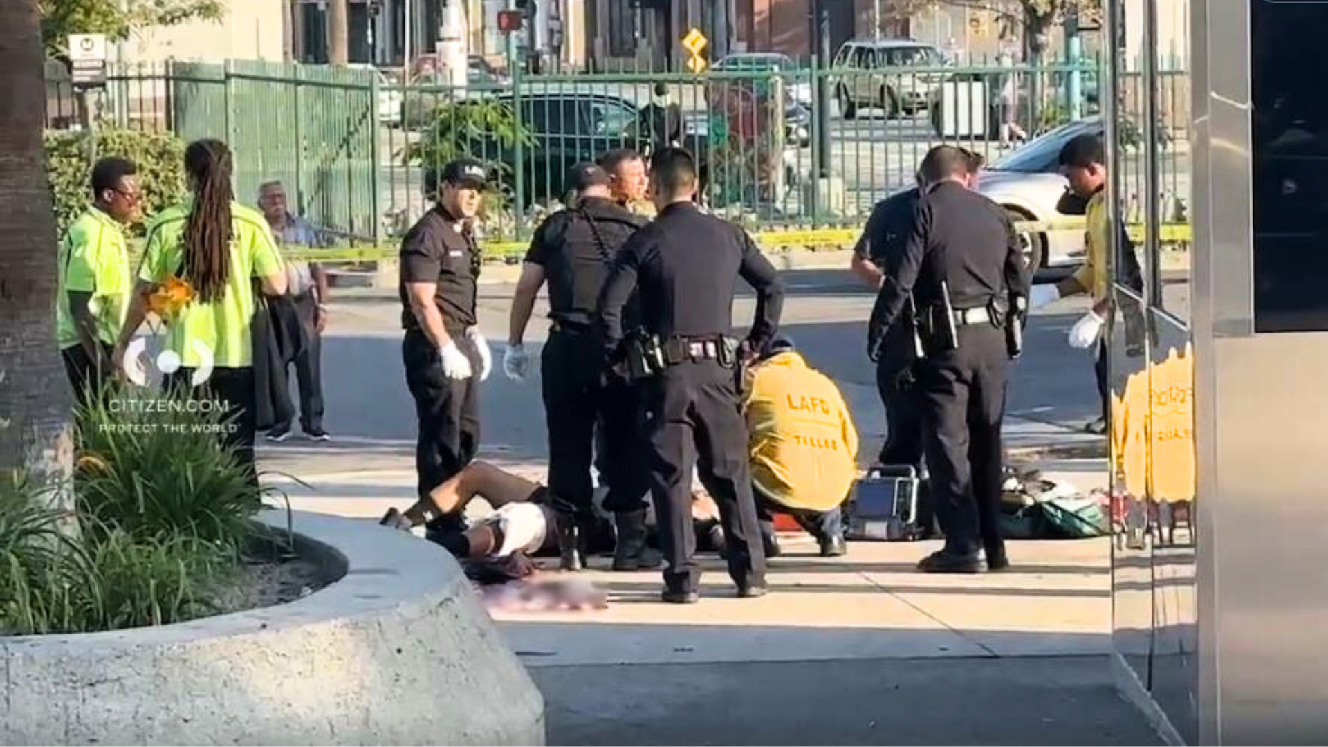 Three people were hospitalized after a violent stabbing and shooting outside a Metro station in North Hollywood on May 31, 2025. (Citizen)