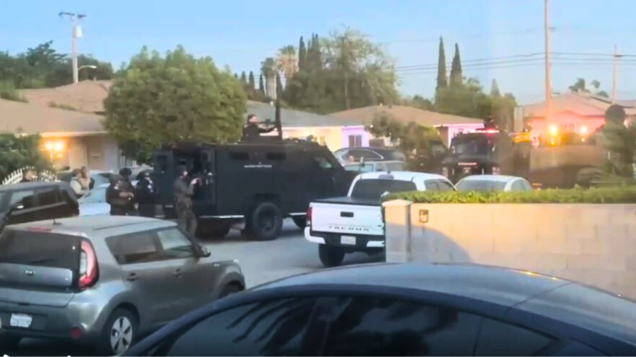 SWAT Team units are seen after two officers were hospitalized after being shot by a suspect in a Baldwin Park neighborhood on May 31, 2025. (Citizen)