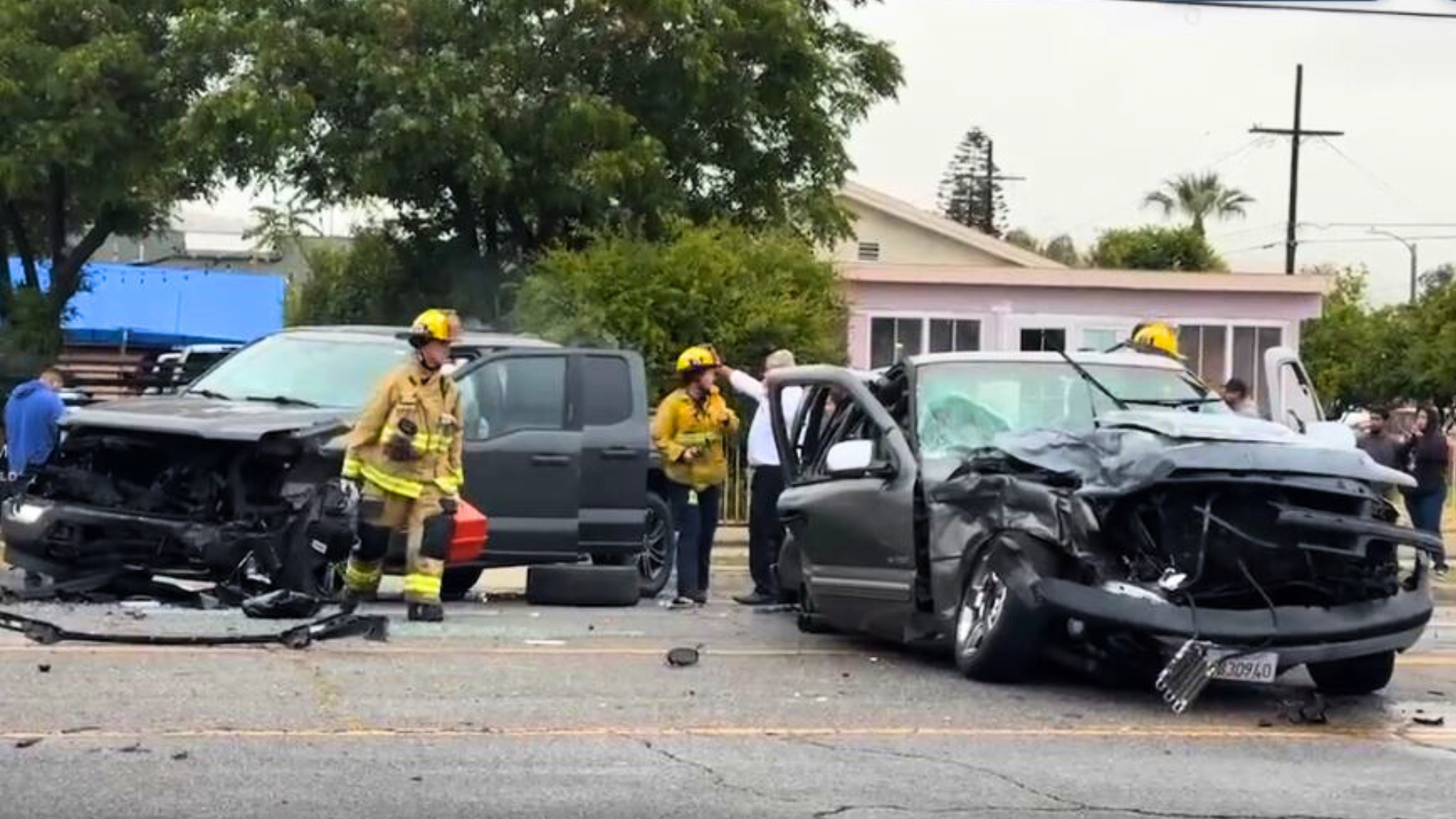 Four people were hospitalized after a crash involving two pickup trucks in Pacoima on May 3, 2025. (Citizen)