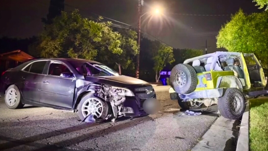 A mother was arrested on suspicion of DUI after crashing her Chevy sedan into a parked Jeep in Upland while her children were still inside on May 26, 2025. (Upland Police Department)