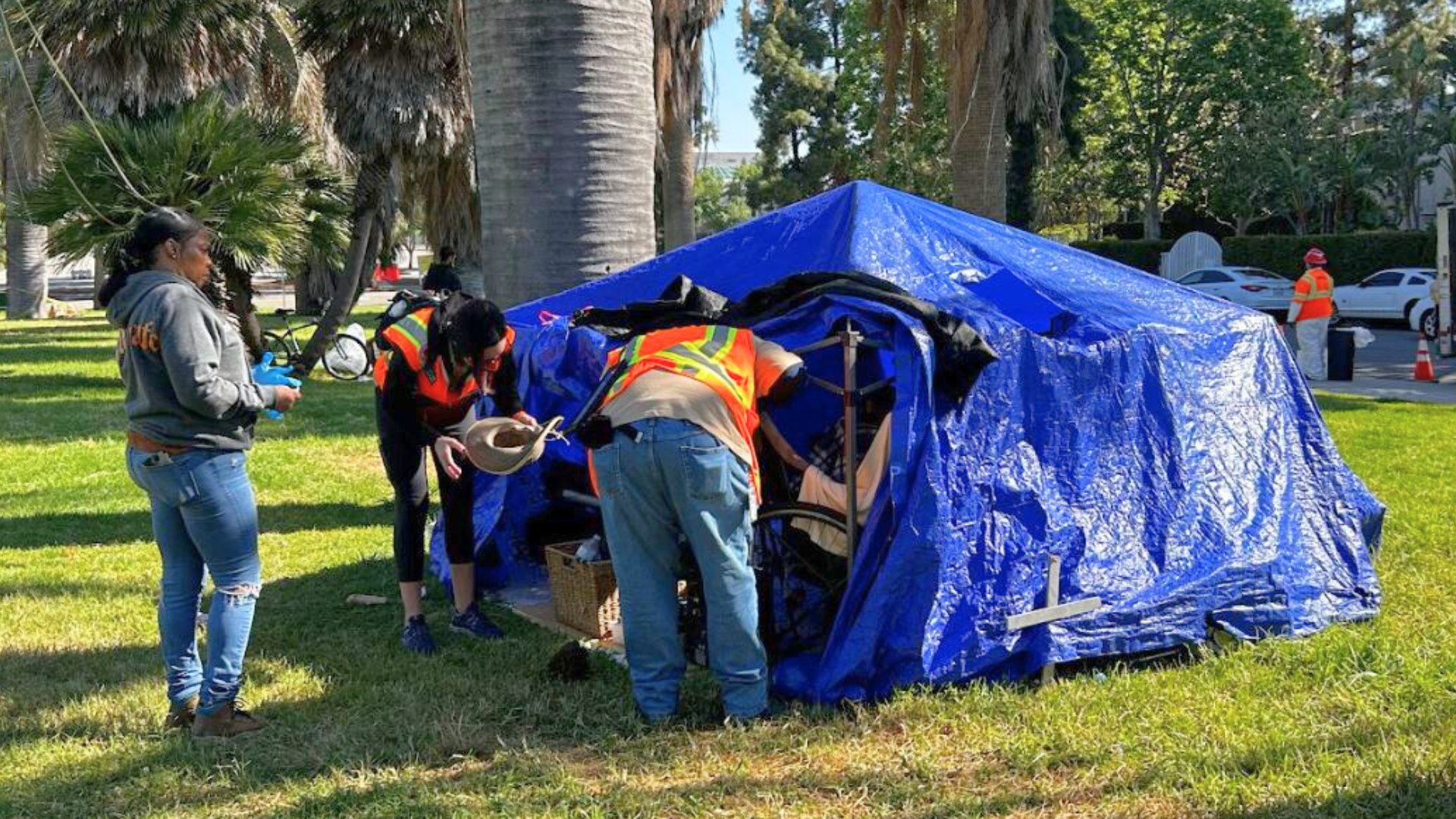 Los Angeles County officials removed several homeless encampments in Woodland Hills and Beverly Grove, where more than 30 homeless residents lived as part of its Inside Safe initiative on May 8, 2025. (Los Angeles County)