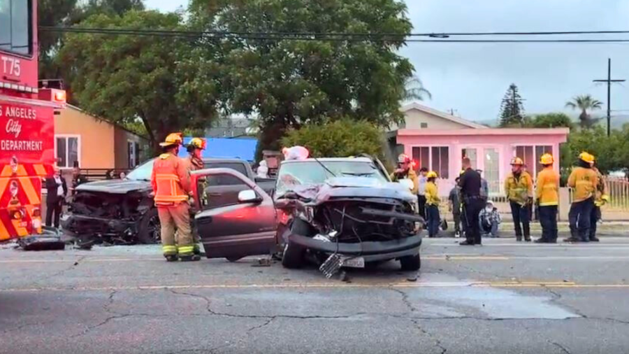 Four people were hospitalized after a crash involving two pickup trucks in Pacoima on May 3, 2025. (Citizen)