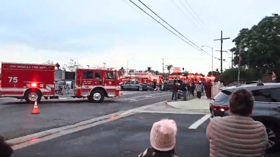 Four people were hospitalized after a crash involving two pickup trucks in Pacoima on May 3, 2025. (Citizen)