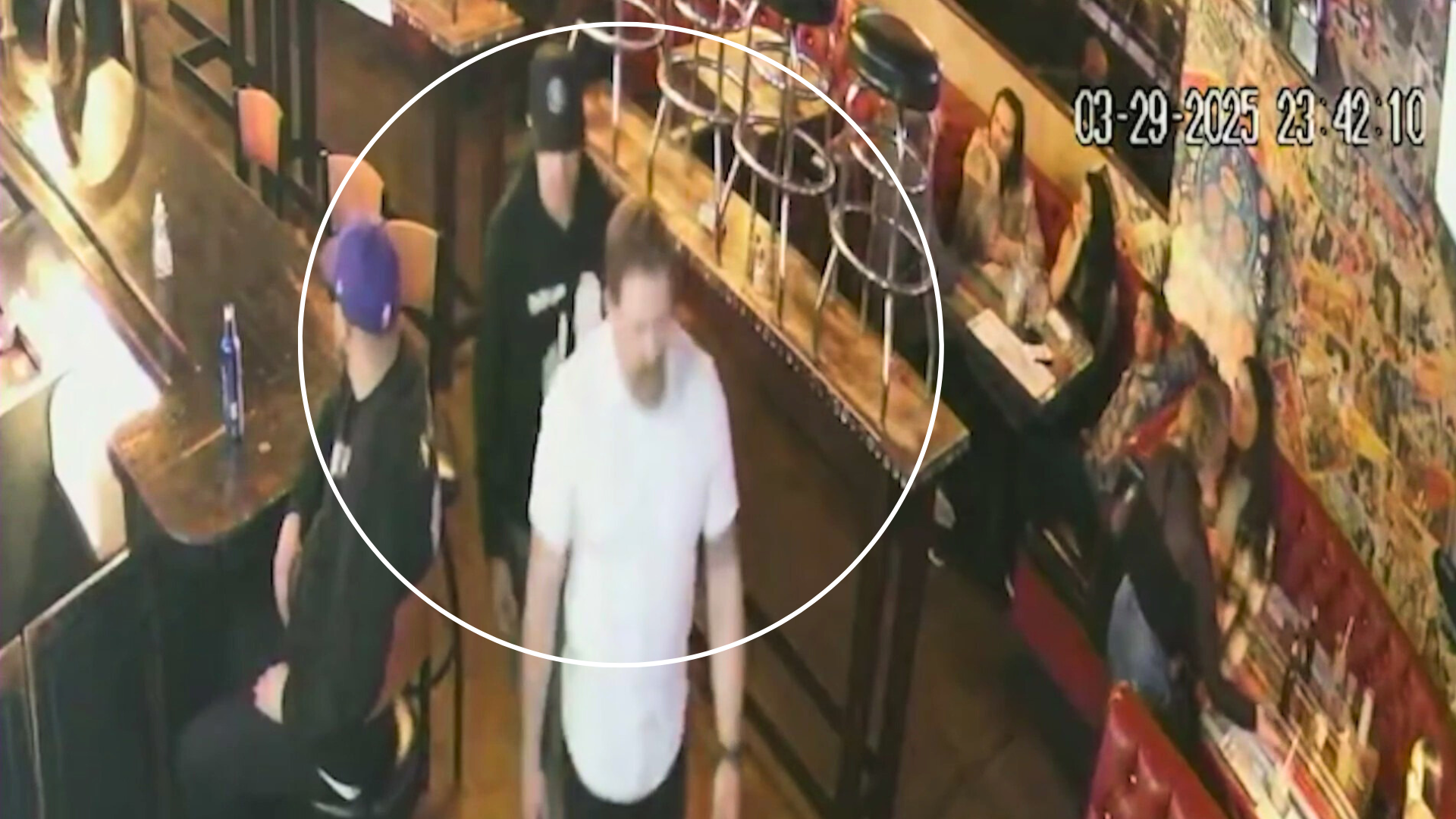 Dylan Davis, 33, (white shirt) and Anthony Malagon, 27, are seen leaving the El Rey Cantina in Camarillo shortly before the violent altercation with the victim on March 30, 2025. (El Rey Cantina)