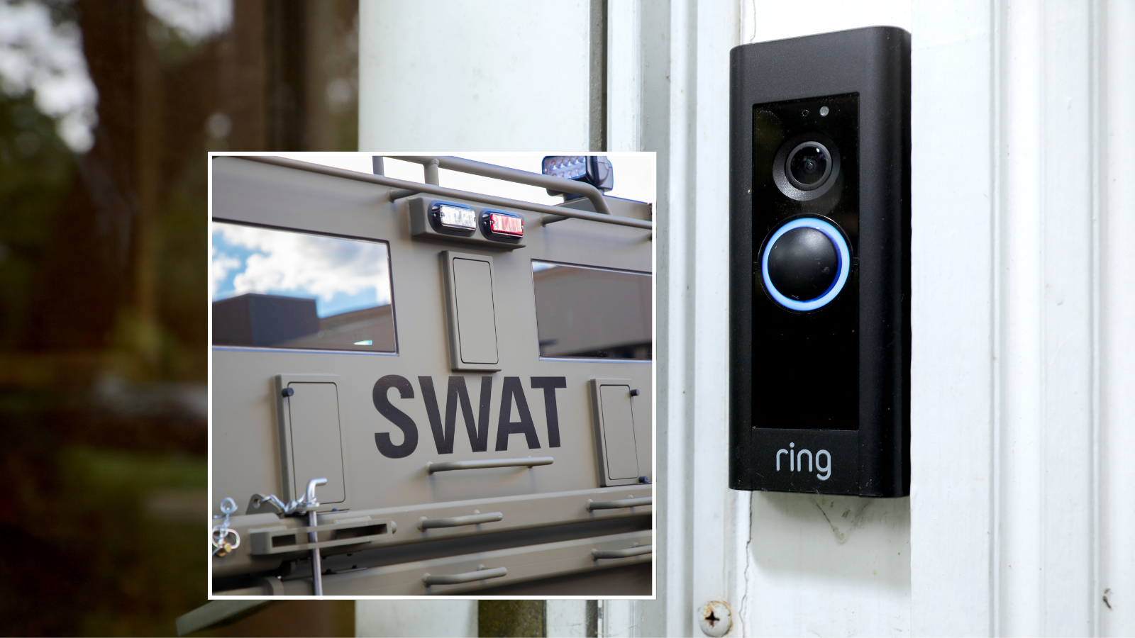 A generic image of an armored SWAT vehicle superimposed over an image of a Ring doorbell camera. (Getty Images)
