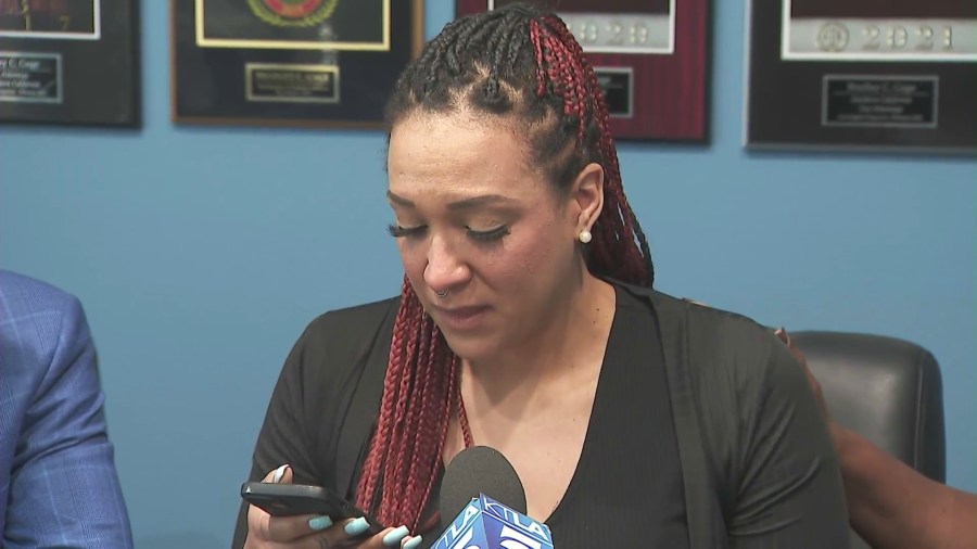 Victoria Brown speaks at a press conference on May 20, 2025, after the city of San Bernardino agreed to pay nearly $4.9 million in a settlement over her brother Robert Brown's death. (KTLA)