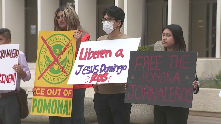 Community activists, immigration rights advocates and community members held a rally and press conference outside Pomona City Hall on May 6, 2025, demanding that three undocumented day laborers who were detained in a federal raid be given a fair bond hearing and due process. (KTLA)