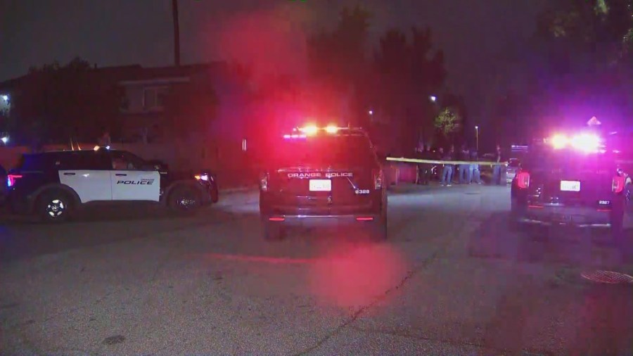 Police investigate a deadly shooting in a residential neighborhood in Orange on May 6, 2025. (KTLA)