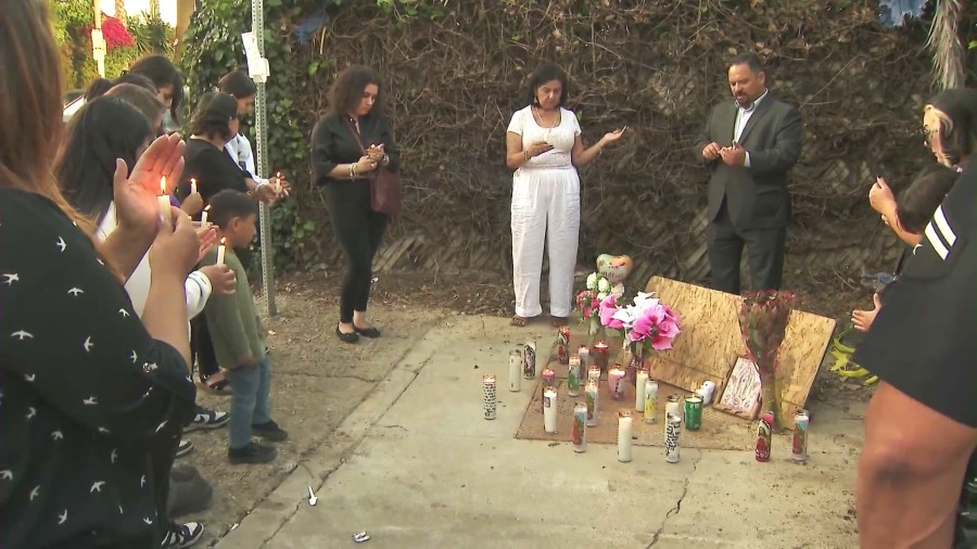 Loved ones and community members gathered in the Westlake District near downtown L.A. for a candlelight vigil on May 30, 2025, near the site where the body of Lucrecia Barajas was found. (KTLA)