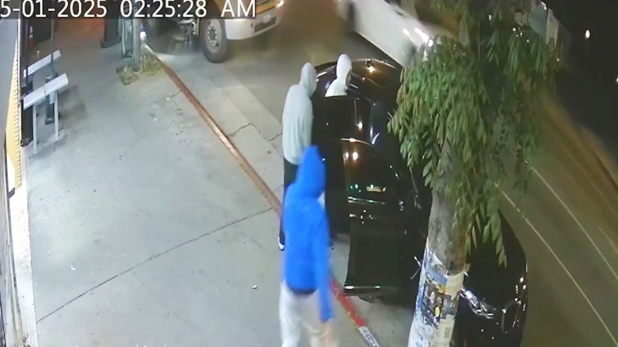 The four hooded suspects fled the scene in a black sedan on May 1, 2025. (Bibi's Bakery and Cafe)