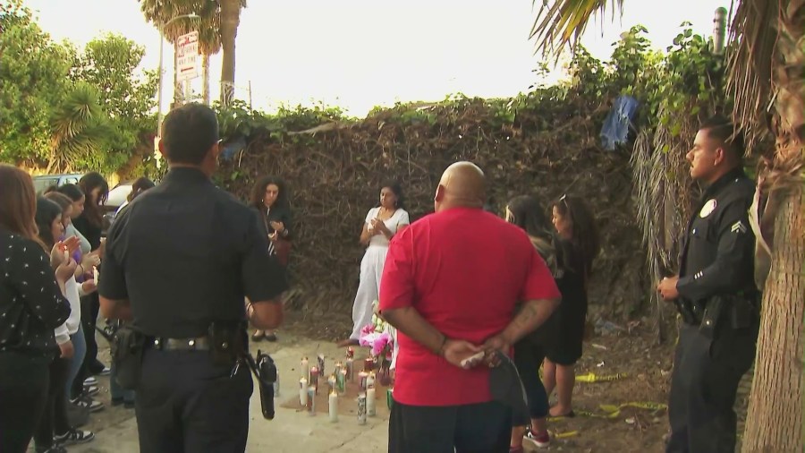 Loved ones and community members gathered in the Westlake District near downtown L.A. for a candlelight vigil on May 30, 2025, near the site where the body of Lucrecia Barajas was found. (KTLA)