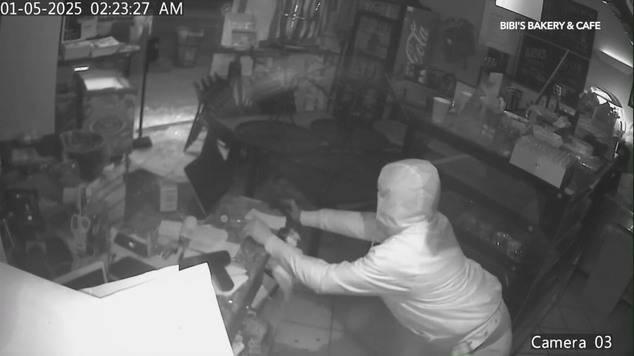 Surveillance footage captured a suspect using a tool to pry open a cash drawer at Bibi's Bakery and Cafe in the Pico-Robertson neighborhood on May 1, 2025. (Bibi's Bakery and Cafe)