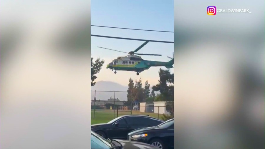 An officer being airlifted to the USC Medical Center after being shot by a suspect in Baldwin Park on May 31, 2025. (@baldwinpark_)
