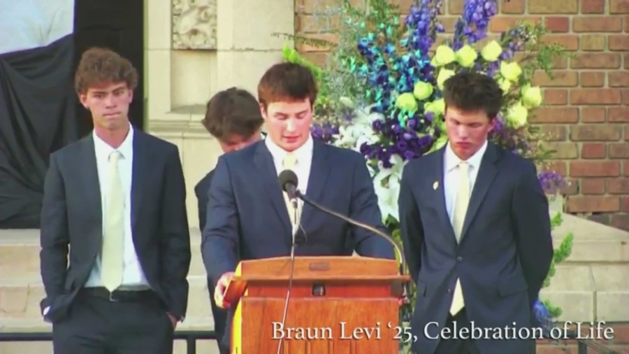 Many of Braun Levi's friends and classmates spoke at a Loyola High School memorial that was held in the teen's honor, sharing their favorite memories of him on May 10, 2025. (KTLA)