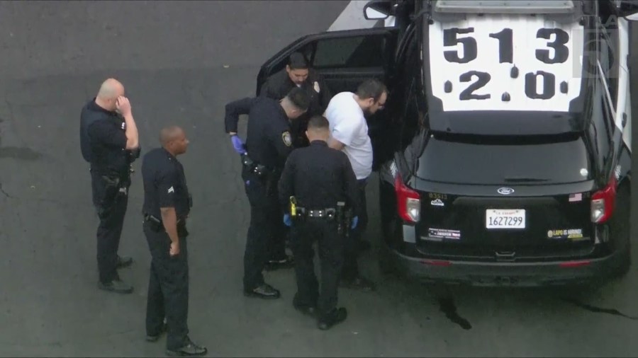 A man in a vehicle that matched the shooting suspect's description was taken into custody in the Pico-Union neighborhood on May 2, 2025. (KTLA)