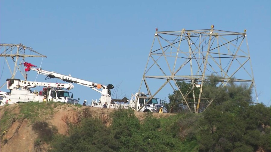 One of two Southern California Edison transmission towers was dismantled and removed from a steep hillside in Eaton Canyon on May 7, 2025, as part of an investigation into whether the towers played a role in the deadly Eaton fire in Altadena. (KTLA)