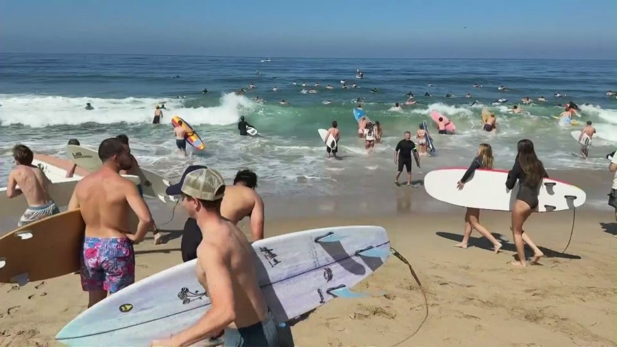 A paddle-out event was held in Braun Levi's honor in Manhattan Beach where many friends, family, classmates and community members showed up to catch a wave in the teen's honor on May 10, 2025. (KTLA)