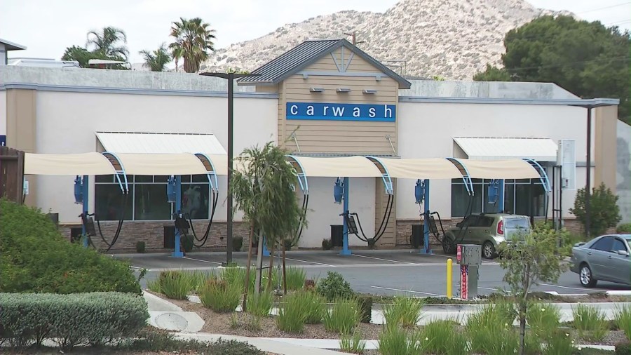 The carwash at an Arco gas station in Norco where James Norman fell victim to a deadly carjakcing on May 12, 2025. (KTLA)