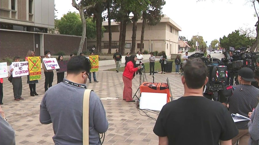 Community activists, immigration rights advocates and community members held a rally and press conference outside Pomona City Hall on May 6, 2025, demanding that three undocumented day laborers who were detained in a federal raid be given a fair bond hearing and due process. (KTLA)