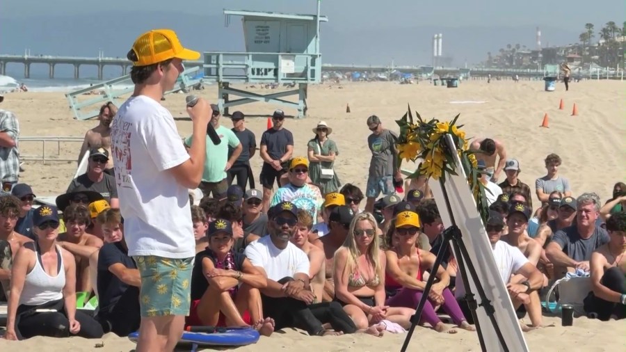 Many of Braun Levi's friends spoke at a Manhattan Beach paddle-out event that was held in the teen's honor, sharing their favorite memories of him on May 10, 2025. (KTLA)