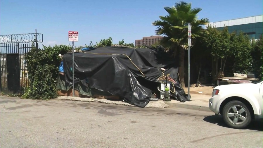 A homeless encampment in Westlake District of L.A. is seen on May 14, 2025, after the bodies of two individuals were found. (KTLA)