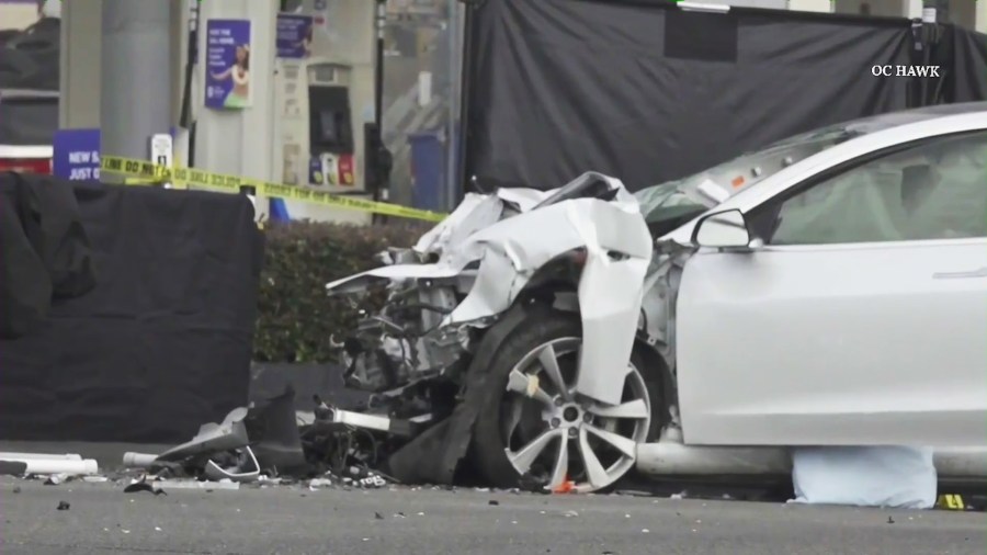 Two people were killed after a driver in a Tesla Model 3 ran a red light and crashed into a bus in Orange County on April 12, 2025. (OC Hawk)