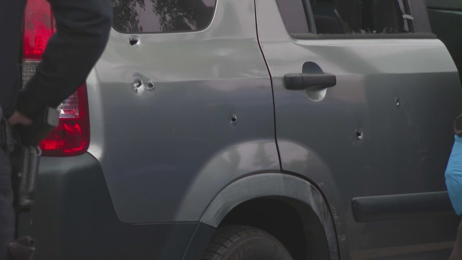 A Honda SUV with bullet holes connected to a fatal shooting in the city of Orange on May 6, 2025. (KTLA)