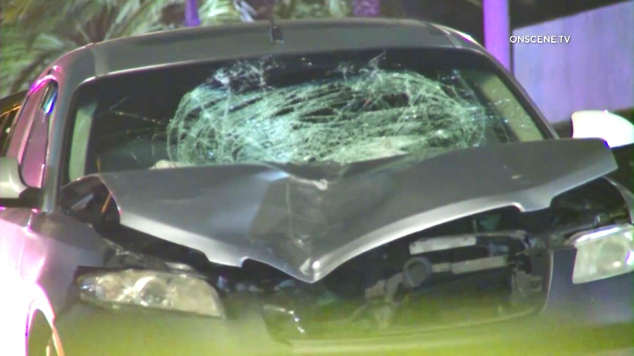 The suspect's vehicle seen after the deadly Manhattan Beach crash on May 4, 2025. (KTLA)