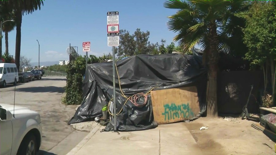 A homeless encampment in Westlake District of L.A. is seen on May 14, 2025, after the bodies of two individuals were found. (KTLA)