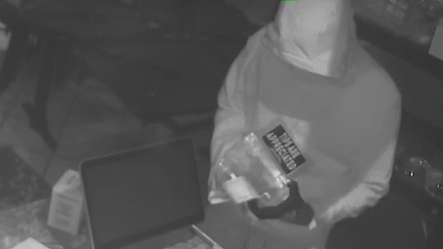 Surveillance footage captured a suspect emptying the tip jar during a burglary at Bibi's Bakery and Cafe in the Pico-Robertson neighborhood on May 1, 2025. (Bibi's Bakery and Cafe)