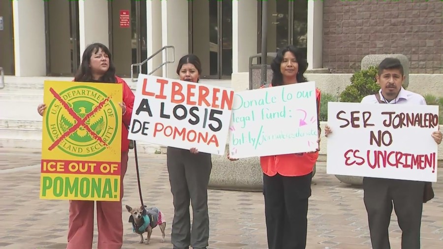 Community activists, immigration rights advocates and community members held a rally and press conference outside Pomona City Hall on May 6, 2025, demanding that three undocumented day laborers who were detained in a federal raid be given a fair bond hearing and due process. (KTLA)