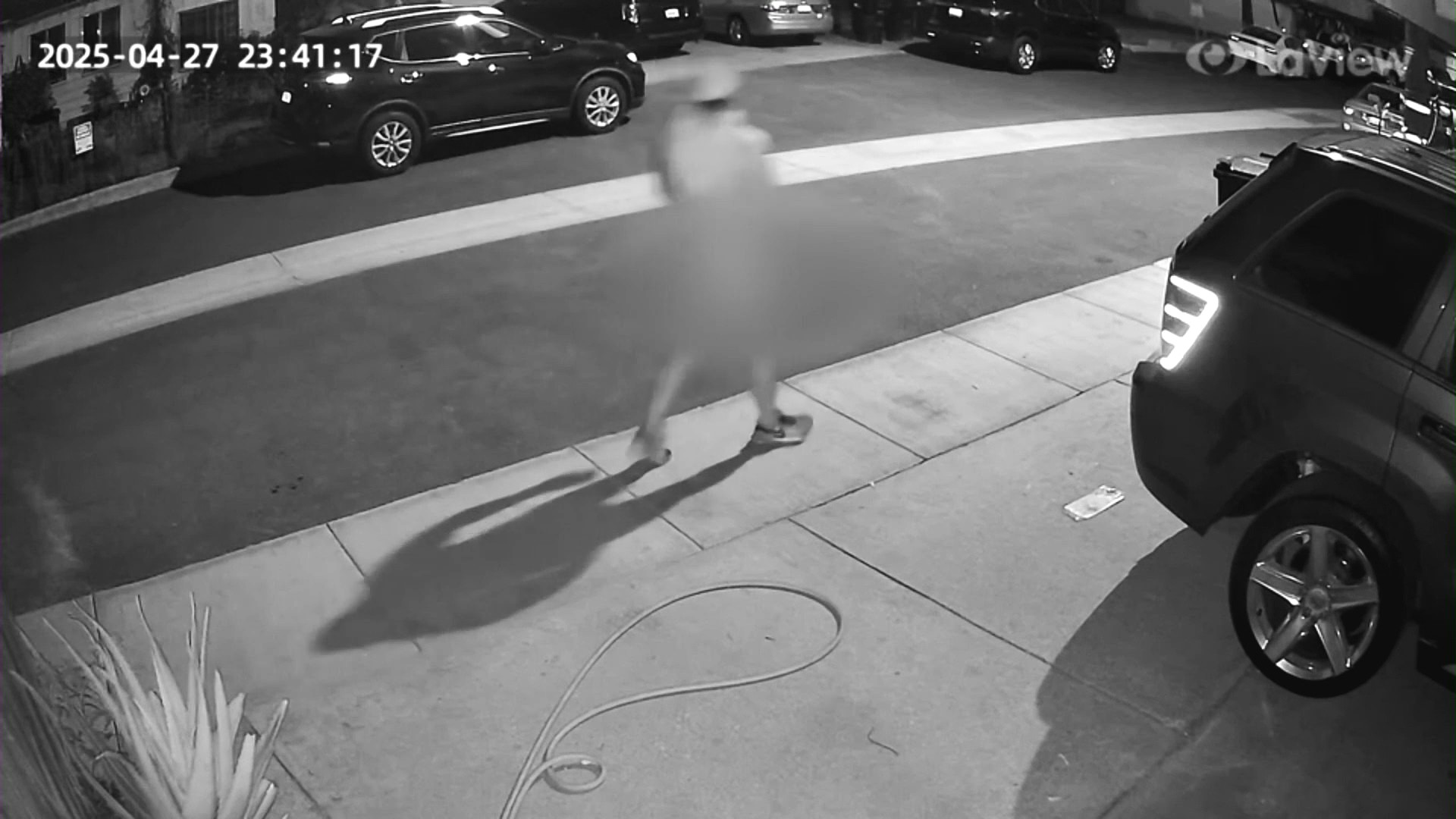 The naked suspect was seen running over to confront a female victim as she entered her home along Puente Avenue in Baldwin Park on April 27, 2025.
