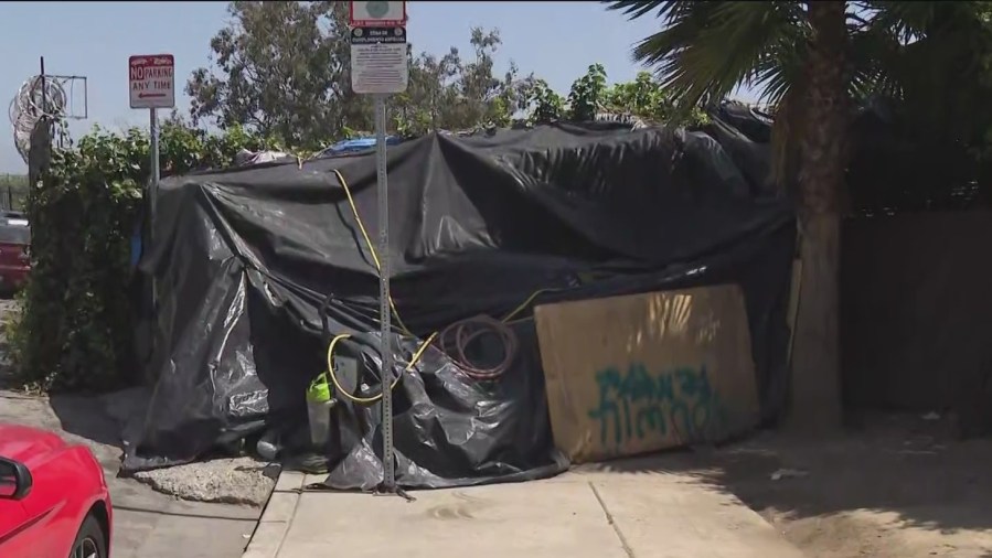 A homeless encampment in Westlake District of L.A. is seen on May 14, 2025, after the bodies of two individuals were found. (KTLA)