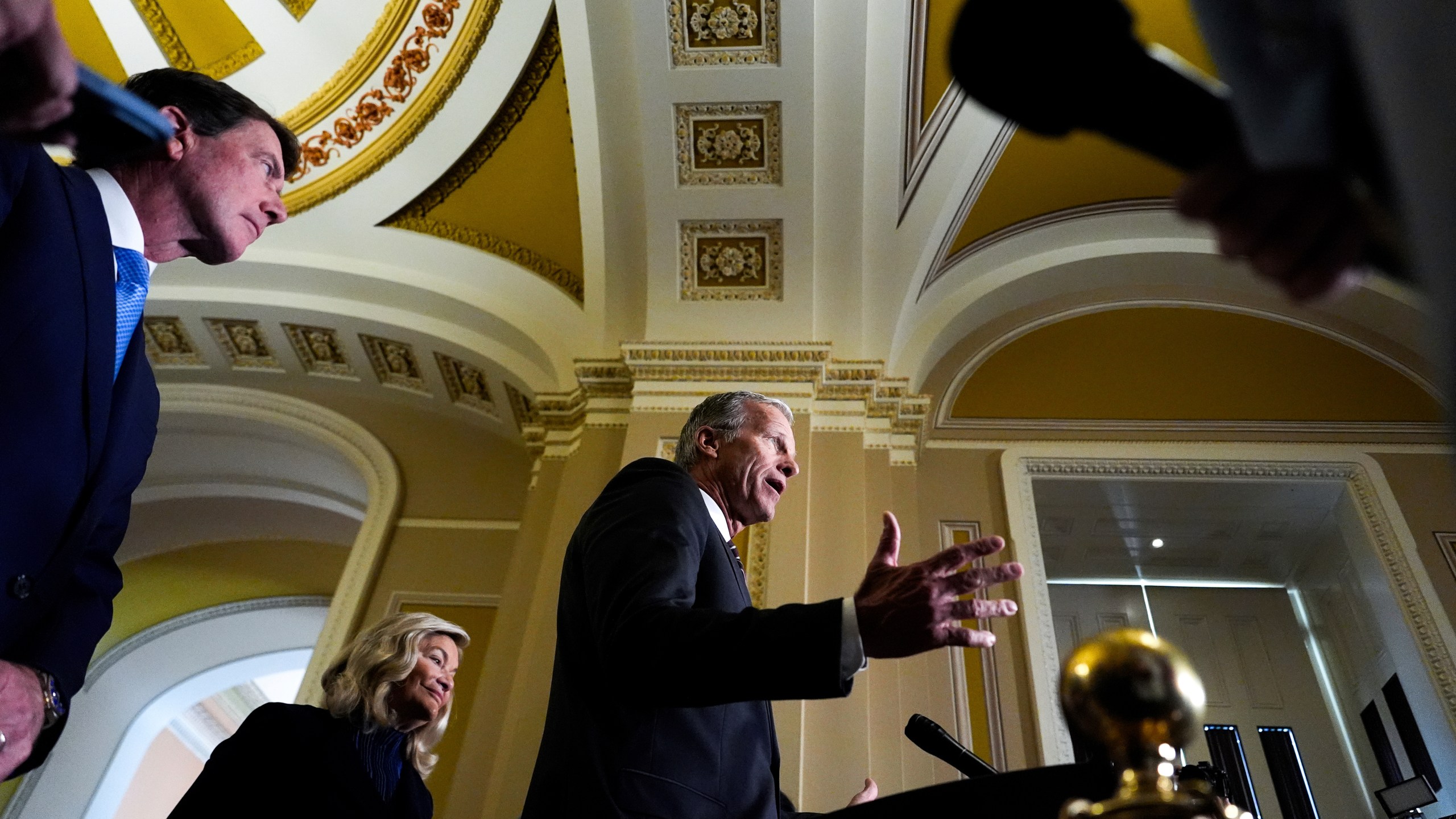 Senate Majority Leader John Thune, R-S.D., speaks to reporters at the U.S. Capitol, Tuesday, May 20, 2025, in Washington. (AP Photo/Julia Demaree Nikhinson)