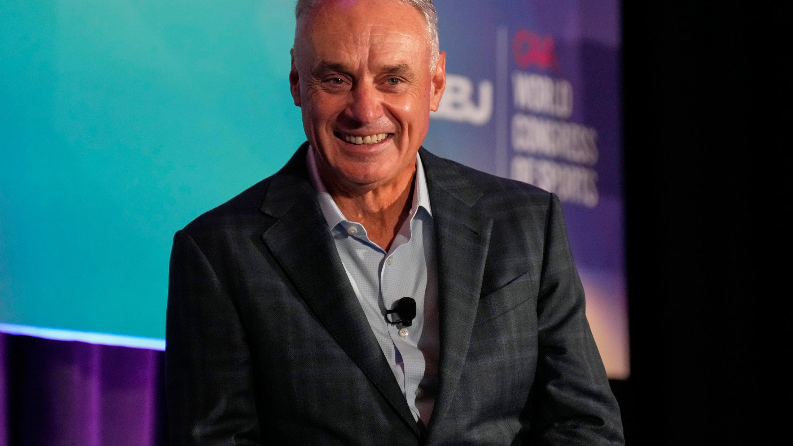 FILE - MLB Commissioner Rob Manfred speaks at the SBJ CAA World Congress of Sport, April 22, 2025, in Nashville, Tenn. (AP Photo/George Walker IV, File)