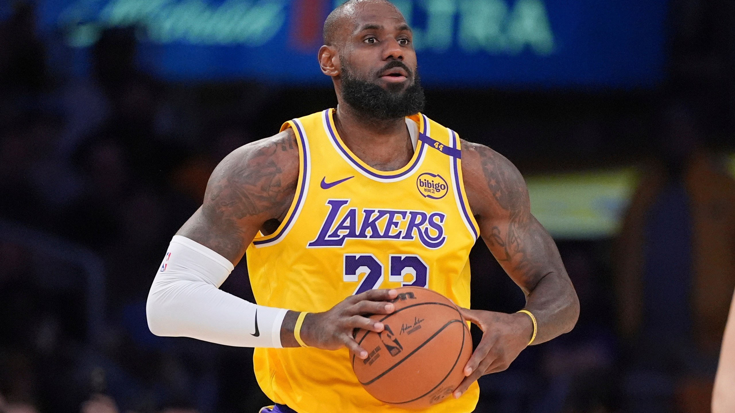 FILE - Los Angeles Lakers forward LeBron James appears during the first half of an NBA basketball game against the Utah Jazz, on Feb. 10, 2025, in Los Angeles. (AP Photo/Mark J. Terrill, File)
