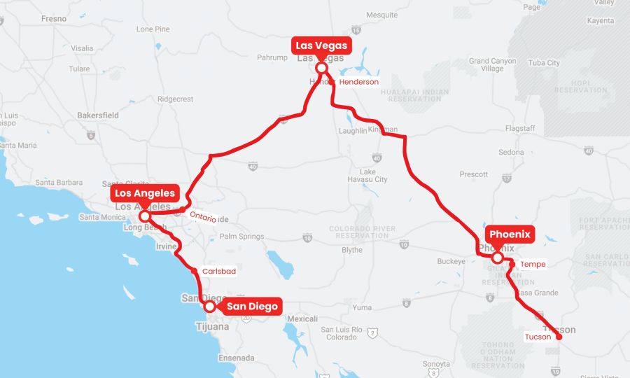 Full southwest map for upcoming GOGO Charters intercity bus service. (GOGO Charters)