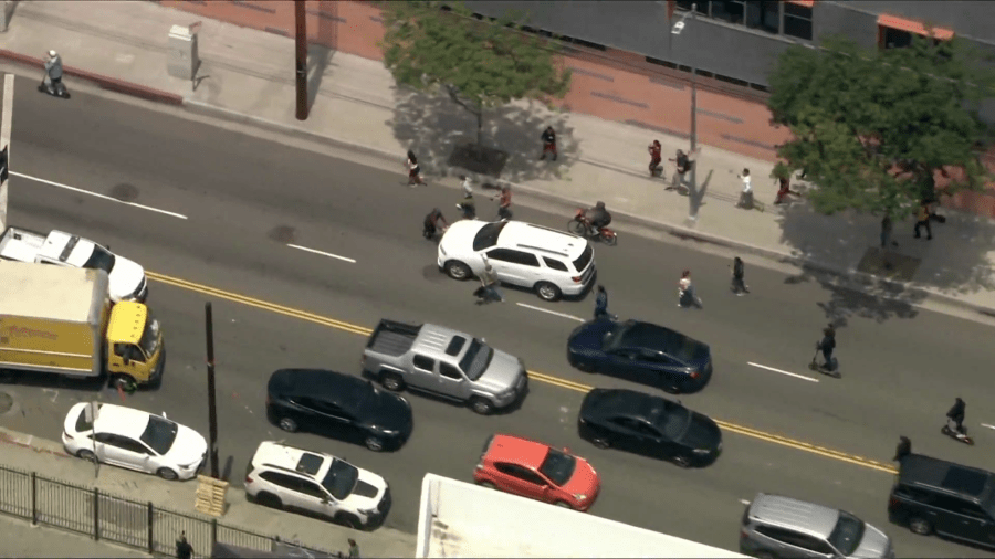 Protestors clash with federal agents following an immigration enforcement operation in downtown Los Angeles on June 6, 2025. (KTLA)