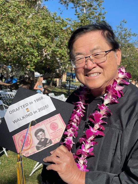 John Fong displays his cap at the UCLA History Department Commencement on June 15, 2025. (Lilly Fong)