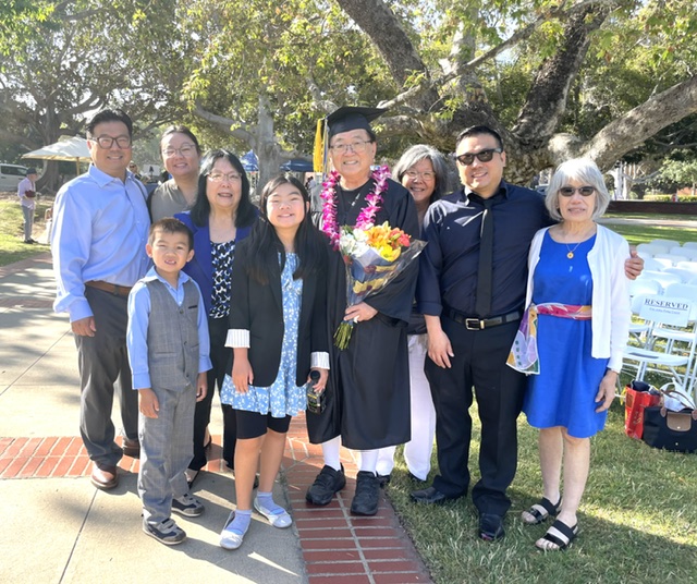 John Fong poses with family at the UCLA History Department Commencement on June 15, 2025. (Lilly Fong)