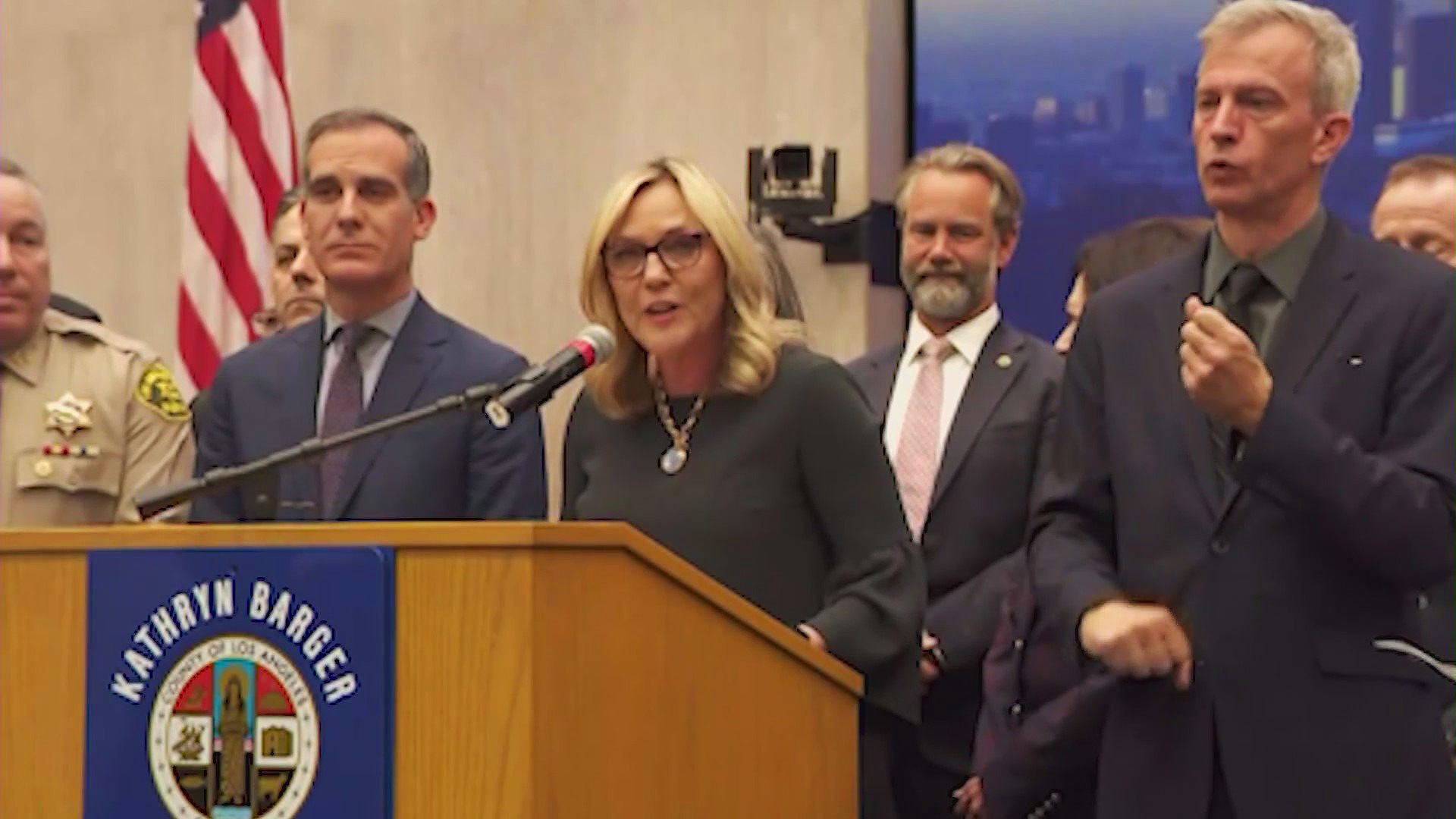 Los Angeles County Supervisor Kathryn Barger speaks at a press conference. (KTLA)