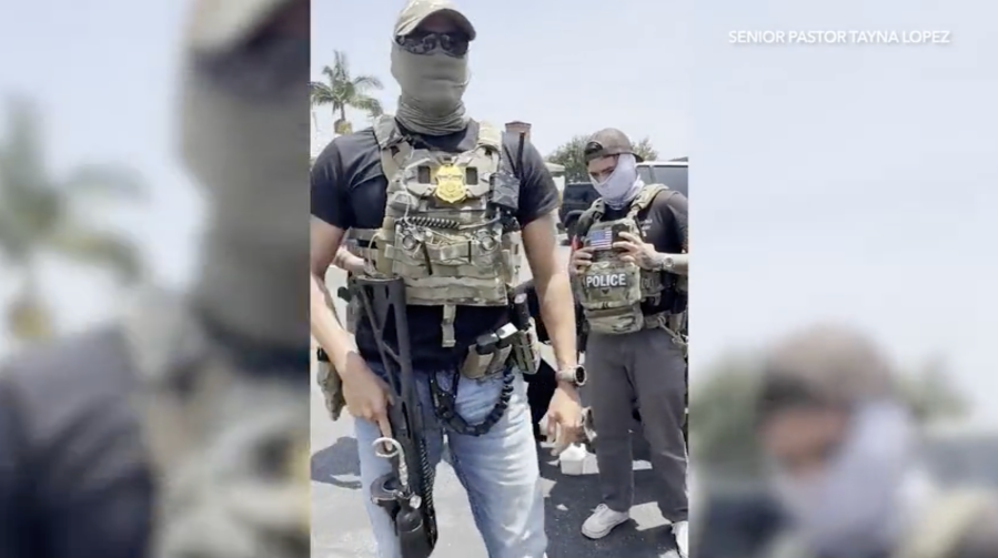Unidentified federal agents are seen in the parking lot of a Downey church moments after they detained a person and loaded him into the back of an SUV on June 11, 2025. (Pastor Tanya Lopez)