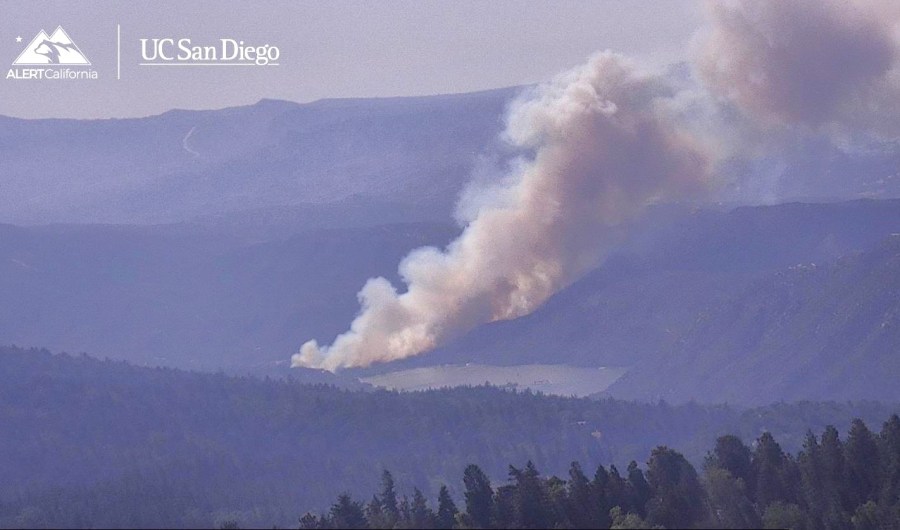 Evacuations are underway as a fast-moving wildfire continues growing near Silverwood Lake in San Bernardino County on June 28, 2025. (UC San Diego’s ALERTCalifornia)