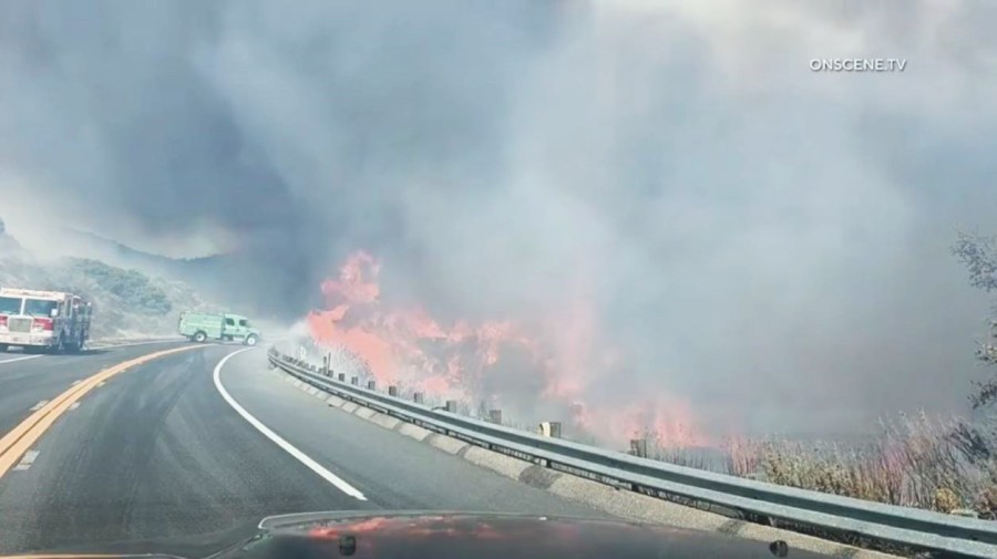 Roads on Highway 138 and 173 are closed and evacuations are underway as a fast-moving wildfire continues growing near Silverwood Lake in San Bernardino County on June 28, 2025. (OnScene.TV)