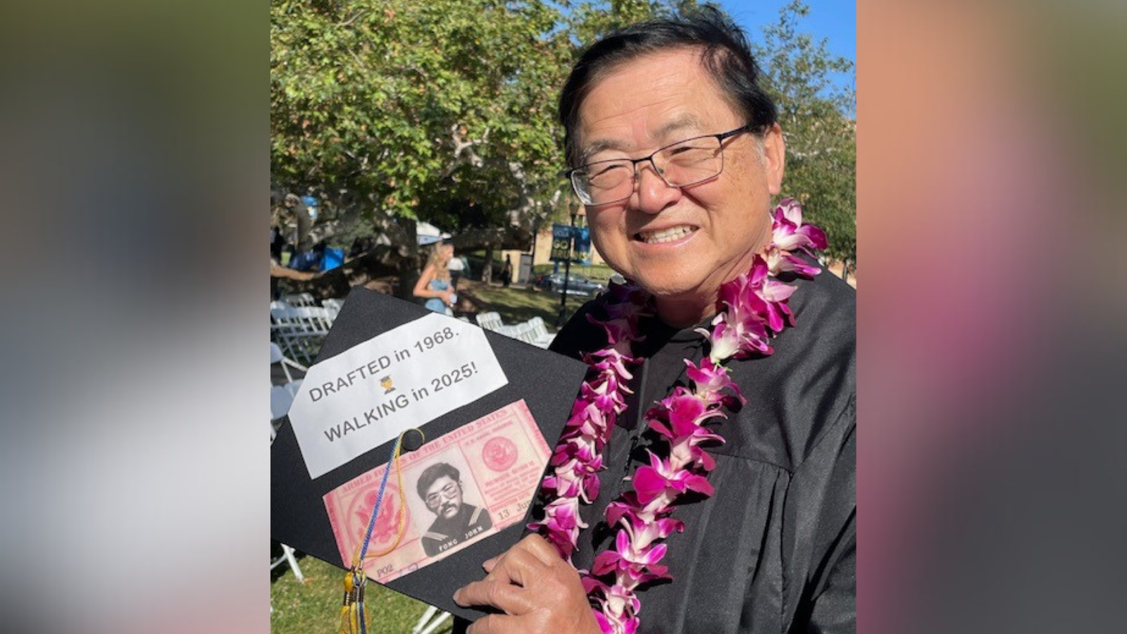 John Fong displays his cap at the UCLA History Department Commencement on June 15, 2025. (Lilly Fong)