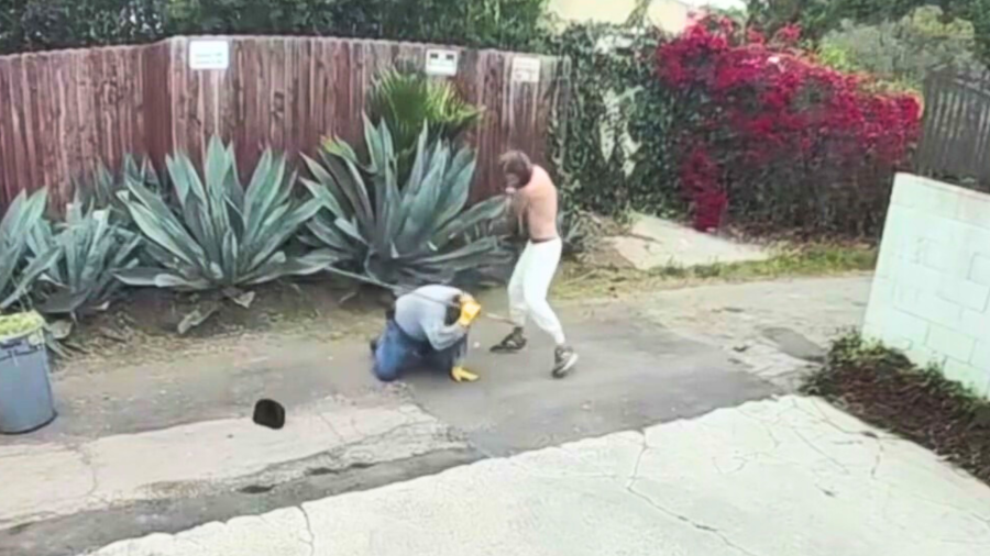 Rodolfo Roman being attacked by the homeless man while he was working outside a Brentwood home on June 24, 2025.