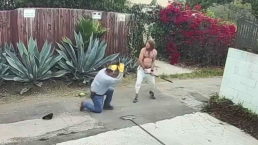 Rodolfo Roman being attacked by the homeless man while he was working outside a Brentwood home on June 24, 2025.