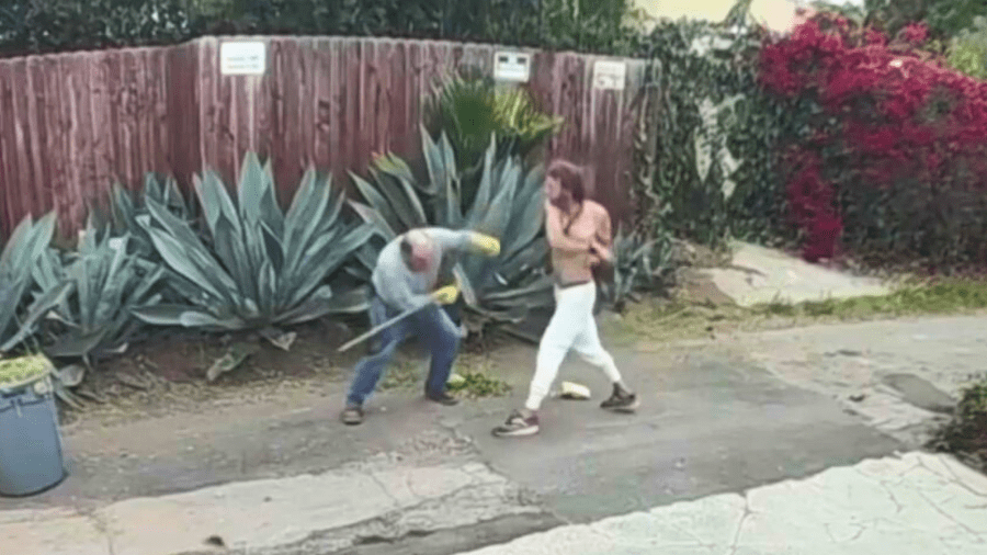 Rodolfo Roman being attacked by the homeless man while he was working outside a Brentwood home on June 24, 2025.