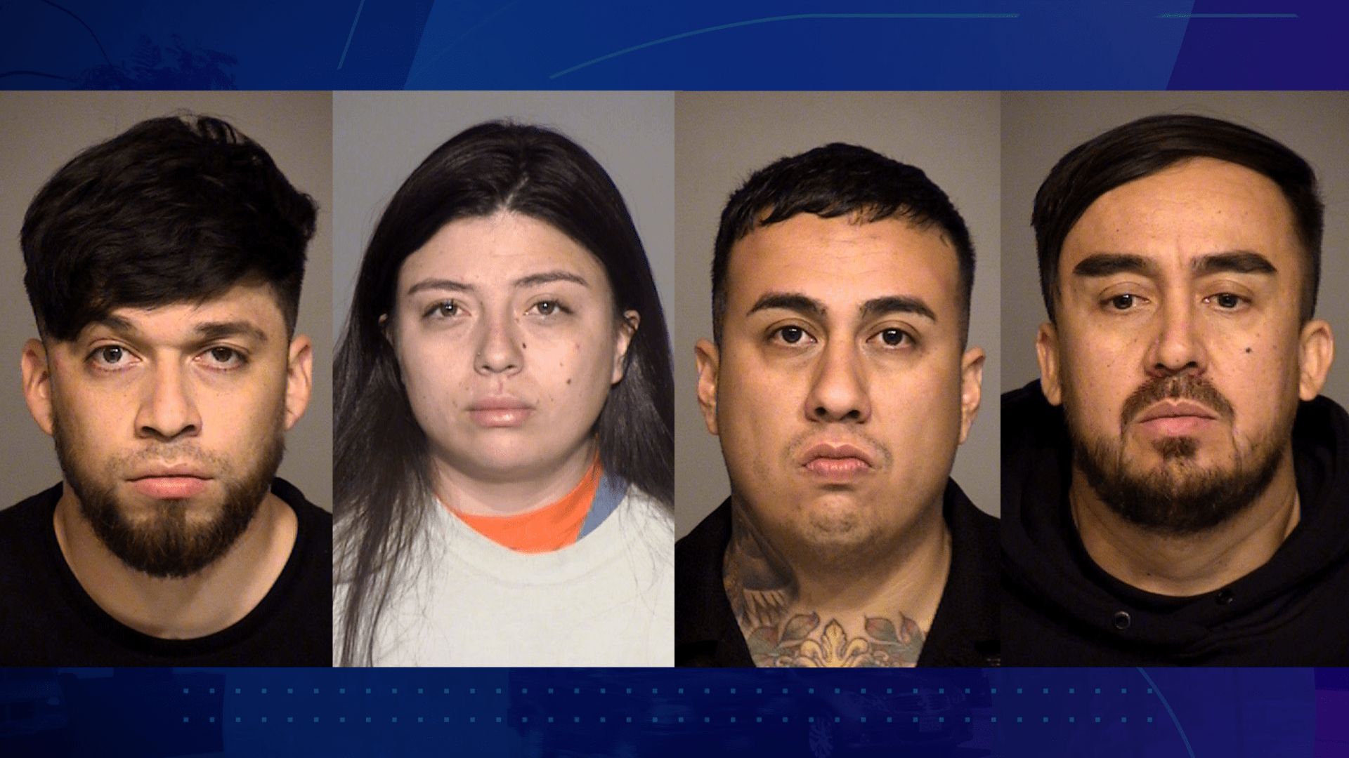 The suspects, from left: Sergio Andres Meji-Machuca, 27; Heidy Nickolt Trujillo, 25; Camilo Antonio Aguliar Lara, 31; and Manuel David Ibarra, 37. (Ventura County District Attorney’s Office)